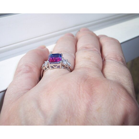 925 STERLING SILVER Bicolor Cubic Zirconia & Baguette Ring Blue & Pink - Picture 5 of 16